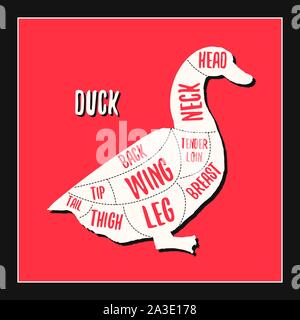 Carne di anatra grafici di taglio illustrazione vettoriale per negozio di macellaio guida. Etichetta per farm design Illustrazione Vettoriale