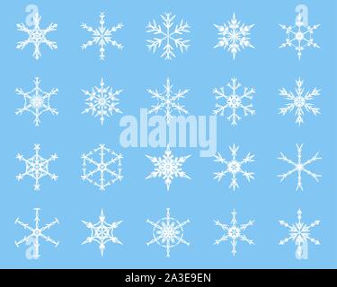 Collezione di elementi vettoriali Winter Snowflake. Silhouette bianca su sfondo blu. Illustrazione Vettoriale