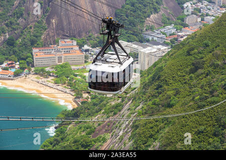 Rio de Janeiro/Brasile - 20 Ottobre 2018: Antenna vista dalla cima della montagna Sugar Loaf (Pão de Açúcar) e la famosa funivia (Bondinho). Foto Stock