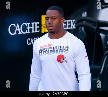 Santa Clara, CA. Il 7 ottobre, 2019. Cleveland Browns running back Nick Chubb (24) prima della NFL partita di calcio tra i Pittsburg Steelers e San Francisco 49ers a Levi's Stadium di Santa Clara, CA. Il 49ers sconfitto lo Steelers 24-20. Damon Tarver/Cal Sport Media/Alamy Live News Foto Stock