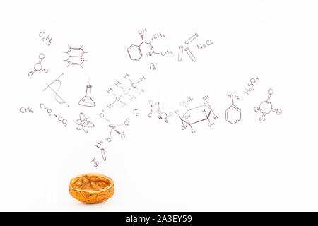 Concetto di frase chimica in un nutshell. Formule chimiche e simboli disegnati su carta bianca con le noci Foto Stock