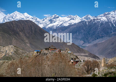 Vista del gompa Jhong monastero buddista e Dhaulagiri Himal, Mustang district, Nepal Foto Stock