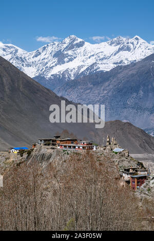 Vista del gompa Jhong monastero buddista e Dhaulagiri Himal, Mustang district, Nepal Foto Stock