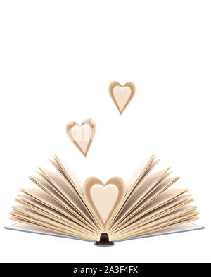 Prenota con pagine aperte in forma di cuore, con cuore extra pagine, isolati su sfondo bianco. Bibliophilia. Foto Stock