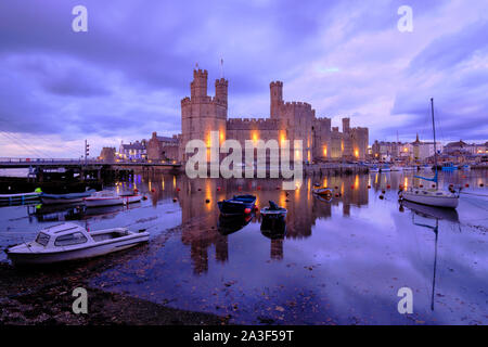 Illuminato in Caernarfon Castle al crepuscolo riflettendo in baia con le barche nel porto lcon moody viola cielo nuvoloso nel Galles del Nord Foto Stock