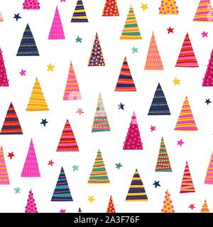 Abstract colorati di alberi di Natale seamless sfondo vettoriale. Decorativi disegnati a mano ripetendo la vacanza invernale pattern per la decorazione di vacanza, saluto Illustrazione Vettoriale