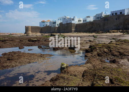 La bassa marea in Atlantico Ocen davanti al baluardo storico per proteggere Assilah, Marocco Foto Stock