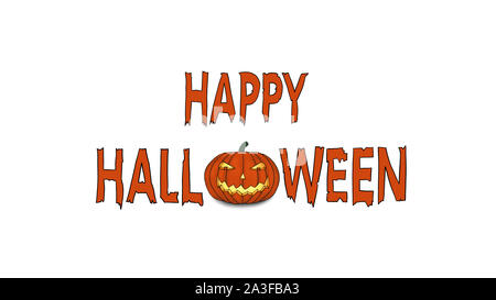 Happy Halloween Testo con spooky grinning zucca su sfondo bianco. Foto Stock