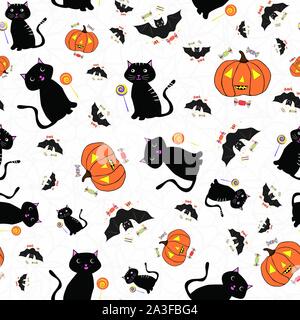 Disegnato a mano il design di Halloween con i gatti, pipistrelli, zucche e dolci golosità. Divertimento senza giunture disegno vettoriale su sottili spiderweb grigio sfondo bianco. Grande Illustrazione Vettoriale