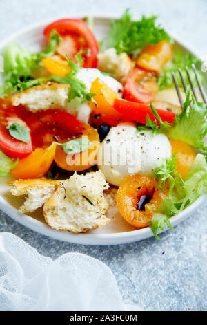 Close up originale di panzanella con insalata di mozzarella, tostate baguette, pomodori e prugne su sfondo rustico. Cucina estiva concept Foto Stock