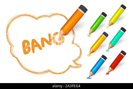 Discorso bolla vernice con matite. Disegnata a mano con banner scarabocchi, set di matite colorate e scritto il messaggio breve Super. Schizzo di cloud e preventivo, LIN Illustrazione Vettoriale