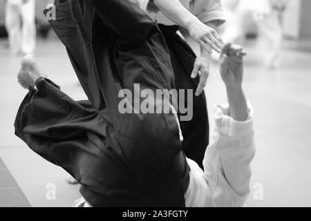 I partecipanti del corso di formazione in abiti speciali di aikido hakama lavorare fuori i metodi di combattimento singolo Foto Stock