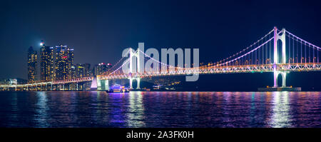 Gwangan Bridge e grattacieli di notte. Busan, Corea del Sud Foto Stock