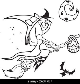 Vettore Halloweenwitch divertenti a volare su una scopa.contorno nero su bianco sullo sfondo isolato Illustrazione Vettoriale