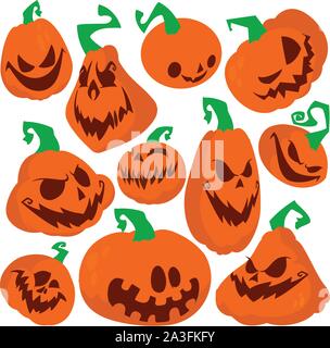 Zucca di Halloween vettore 11 set di icone. Variazione di emozione. Semplice piatto stile elementi di design. Set di silhouette stile horror immagini di zucche. con Illustrazione Vettoriale