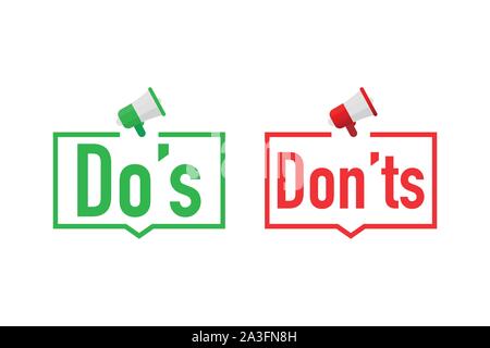 Maschio di mano azienda megafono con cosa fare e cosa non fare discorso bolla. Vettore illustrazione stock Illustrazione Vettoriale