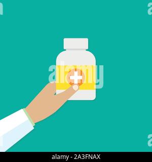Medico mano trattiene medicina bottiglia. illustrazione in stile appartamento versione Raster. Vettore illustrazione stock. Illustrazione Vettoriale