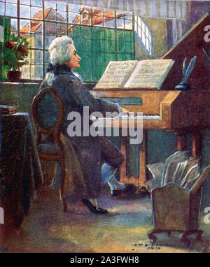 WOLFGANG Amadeus Mozart (1756-1791) il compositore austriaco al clavicembalo in un 1819 illustrazione. Foto Stock