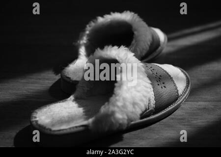 Donna pantofole con una pelle di montone su un pavimento di legno. Foto in bianco e nero. Foto Stock