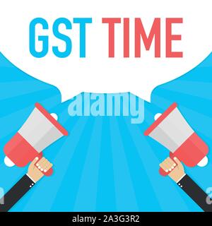 Maschio di mano azienda megafono con tempo di GST discorso bolla. Banner per il business. Illustrazione Vettoriale. Illustrazione Vettoriale