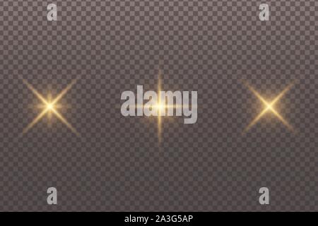 Set di abstract incandescente stelle isolate su un trasparente scuro dello sfondo. Il bagliore dorato. Elementi di natale. Effetto di luce. Illustrazione Vettoriale. EPS 10 Illustrazione Vettoriale