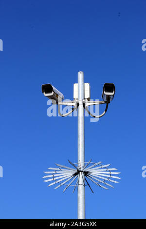 Vista verticale delle telecamere di sicurezza sul palo alto contro il profondo blu del cielo Foto Stock