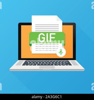 Scaricare GIF pulsante sullo schermo del computer portatile. Scaricare il concetto di documento. File GIF con etichetta e freccia giù segno. Vettore illustrazione stock. Illustrazione Vettoriale
