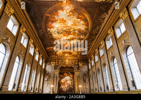 Inghilterra, Londra Greenwich, la Old Royal Naval College, la sala dipinta disegnato da Christopher Wren e decorate Sir James Thornhill Foto Stock