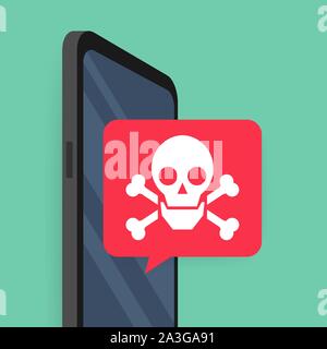 Smartphone con discorso bolla e teschi sullo schermo. Minacce di malware mobile, messaggi di spam. Vettore illustrazione stock. Illustrazione Vettoriale