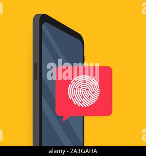 Finestra di dialogo su il telefono con un suggerimento per eseguire la scansione di un'impronta digitale. Un modo rapido per autorizzare in un'applicazione mobile. Vettore illustrazione stock. Illustrazione Vettoriale