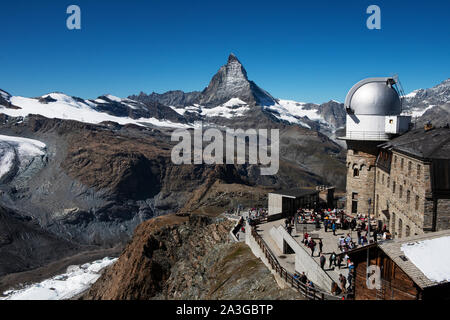 Gornergrat mostra Monte Rossa massiccio, al di sopra di Zermatt in Svizzera. Settembre 2019 il Gorner ghiacciaio (tedesco: Gornergletscher) è un ghiacciaio della valle f Foto Stock