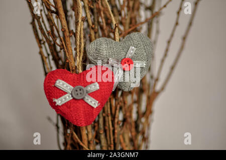 Due cuori a maglia appeso su un ramo. Simbolo di amore e di San Valentino celebratione. Tonica foto. Foto Stock