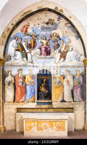 Cappella, affresco, al di sopra della Trinità con Santi di Raffaello Santi chiamato Raphael, 1505, al di sotto di Santi Scolastica, Hieronymus, Giovanni Evangelista, Bruno Foto Stock