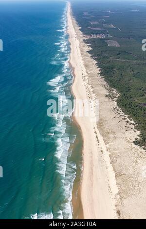 Francia, Gironde, Carcans, Carcans Plage, la spiaggia e le dune e la foresta di pini (vista aerea) Foto Stock