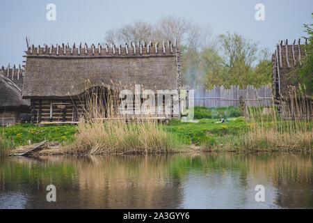 Legno vecchio viking capanne in un villaggio . Foto Stock