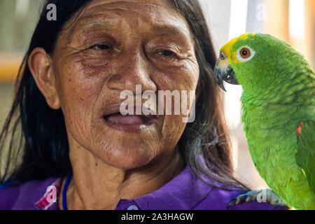 Ecuador, Tena, immersione esperienza di vita con la Waoranis del Rio Nushino, Dayuno comunità, donna e il suo pappagallo verde o Amazona ochrocephala Foto Stock