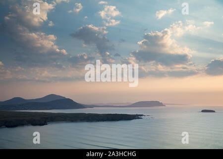 Trawbreaga Bay e Dunaff testa dalla collina di soldati, Penisola di Inishowen, Co Donegal, Irlanda Foto Stock