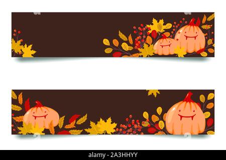 Dark halloween disegnati a mano gli sfondi del vettore / banner con divertenti zucche e foglie di autunno Illustrazione Vettoriale
