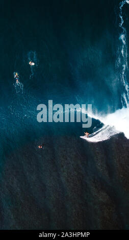 Surfer sull onda oltre la barriera corallina Foto Stock