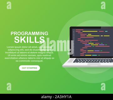 Moderno design piatto concetto isometrica di competenze di programmazione per il sito web e il sito web mobile. Landing page modello. Vettore illustrazione stock. Illustrazione Vettoriale