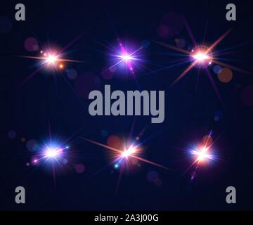 Lente incandescente flares. Serie di bellissimi effetti di abbagliamento con bokeh, glitter di particelle e raggi. Vini spumanti gli effetti di luce di flash con colorate brillano. Sh Illustrazione Vettoriale