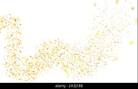 Golden coriandoli. La caduta casualmente glitter tinsel. Shiny turno isolato particelle su sfondo bianco. Vector celebration illustrazione per il carnevale, pa Illustrazione Vettoriale