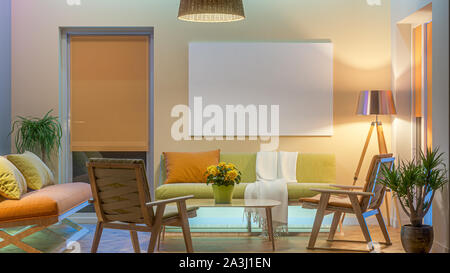 Soggiorno moderno con led colorati luce - Immagine di sfondo. 3D render Foto Stock
