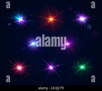 Lente incandescente flares. Serie di bellissimi effetti di abbagliamento con bokeh, glitter di particelle e raggi. Vini spumanti gli effetti di luce di flash con colorate brillano. Sh Illustrazione Vettoriale