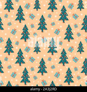 Festive seamless pattern con presenta, alberi di Natale e i fiocchi di neve su sfondo beige. Vettore di piana illustartion. Illustrazione Vettoriale
