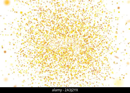 Golden coriandoli. La caduta casualmente glitter tinsel. Shiny turno isolato particelle su sfondo bianco. Vector celebration illustrazione per il carnevale, pa Illustrazione Vettoriale