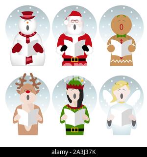 Pupazzo di neve, Babbo Natale, Gingerbread Man, renne, Elf e fiabesca personaggi a cantare i canti natalizi nella neve Illustrazione Vettoriale