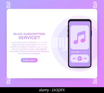 Servizi musicali su abbonamento landing page web template. Vettore smartphone isometrica con le cuffie. Vettore illustrazione stock. Illustrazione Vettoriale