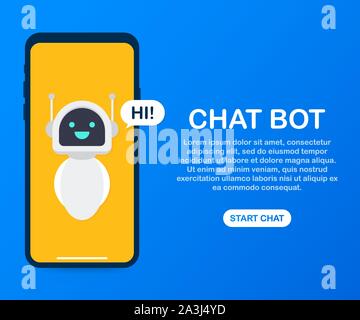 Banner Chatbot concetto. Attività orizzontali modello di pagina di intestazione con l'illustrazione dell'uomo in chat con chat bot in smartphone. Vettore illustrazione stock. Illustrazione Vettoriale