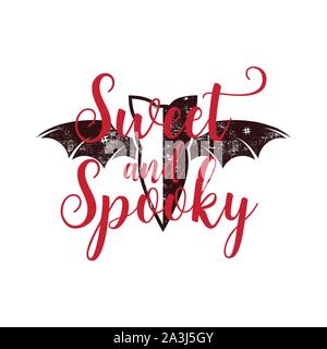 Halloween stampa grafica per t-shirt, costumi e decorazioni. Design Tipografia con preventivo - dolce e Spooky con bat. Emblema di vacanza. Vettore di stock Illustrazione Vettoriale